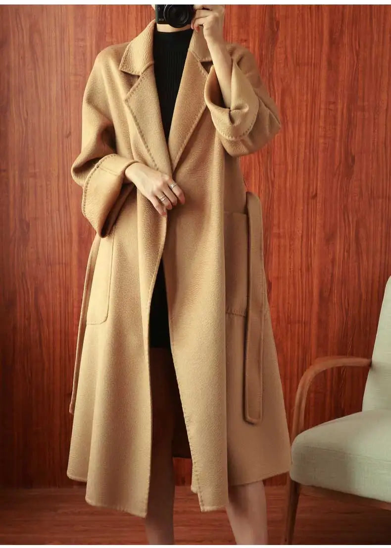 Women Double-Sided 20% Cashmere Wool Coat Jacket Women Long Beautiful Woolen Winter Autumn Warm Fashion Water Ripple Cloak