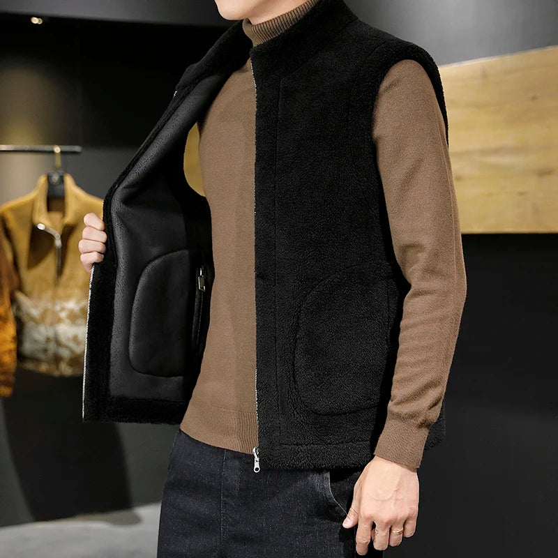 Winter Lamb Wool Vests Men Warm Coat Fashion Casual Thick Stand Collar Sleeveless Jacket Can Be Worn On Both Sides Waistcoat Man