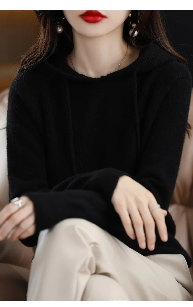 Cashmere Hooded Sweater Women Autumn Winter Long Sleeve Solid Color Knitted Hoodies Lady Loose Drawstring Casual Pullover Hoodie