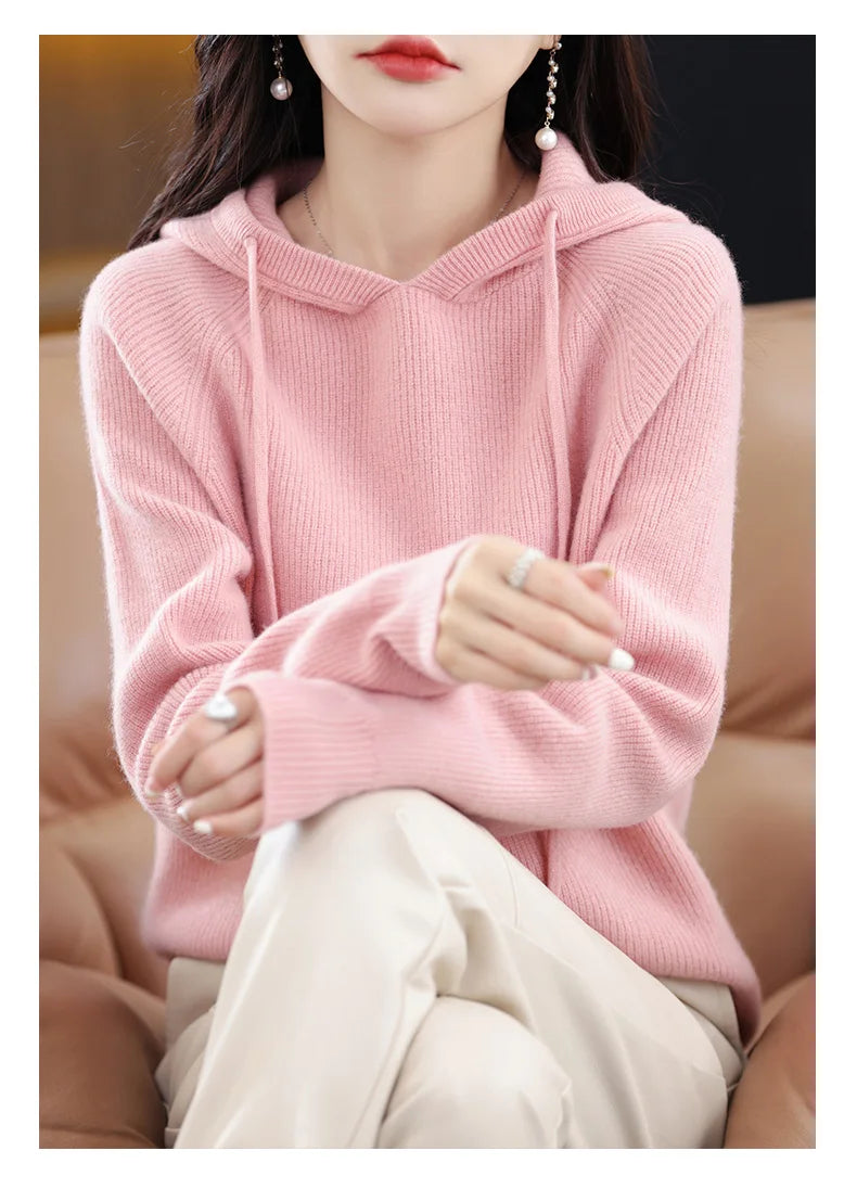 2023 New Cashmere hooded sweater Women Long Sleeve Autumn and Winter Knit hooded Pullover Solid Color Cashmere Base