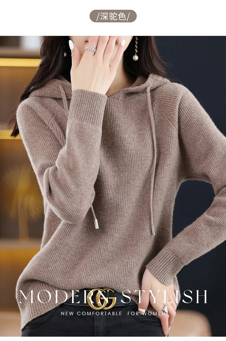 2023 New Cashmere hooded sweater Women Long Sleeve Autumn and Winter Knit hooded Pullover Solid Color Cashmere Base