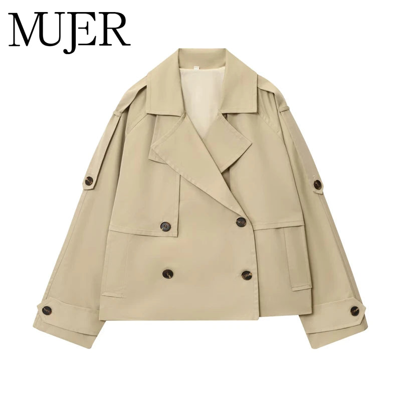 MUJER Short Trench Coat Woman Double Breasted Women's Windbreaker Cropped Demi-season Jacket for Women Outerwears Outdoor Coats