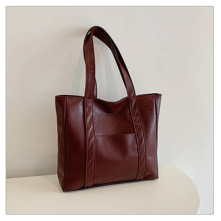 Simple Large Capacity Tote Bags for Women Retro Pu Leather Ladies Shoulder Bag Commuter Portable Girls Student Underarm Handbag