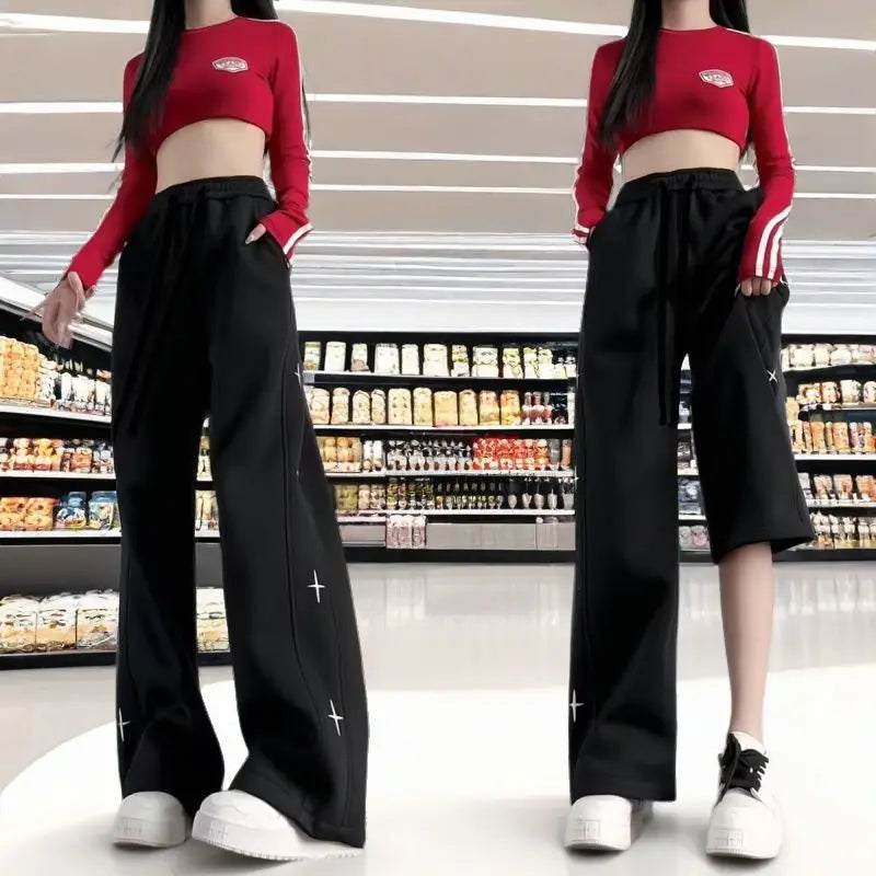 Wide-leg Trousers for Women Spring Summer Loose Thin Style Trendy for Students Petite Casual Sportswear, Straight-leg Pants