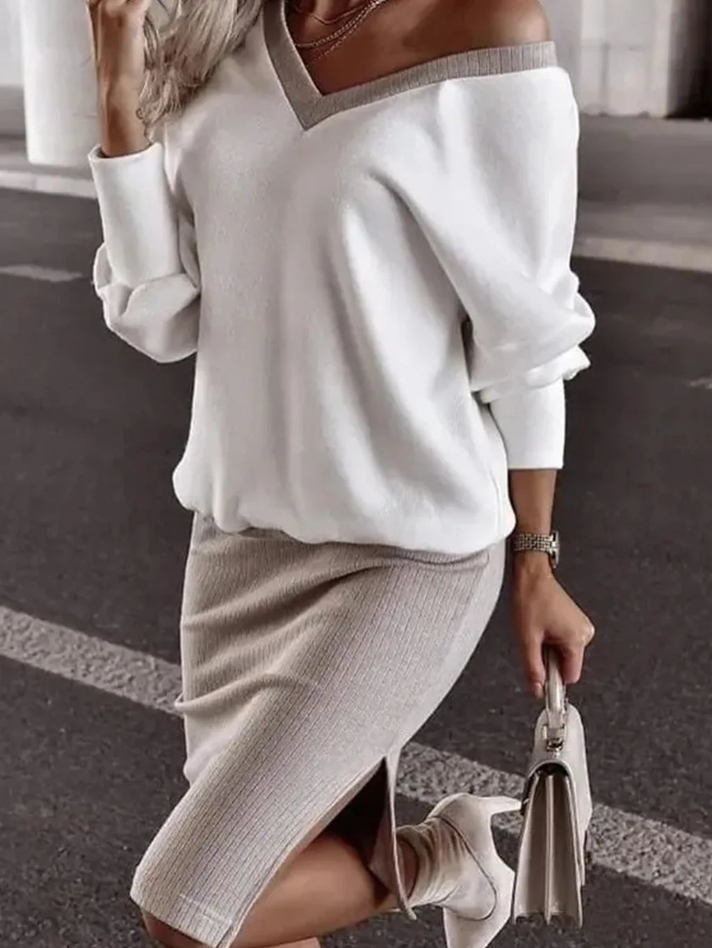 Autumn Winter Casual Loose V-neck Sweatshirt Suit Women's Tight Skirt Long-sleeved Top Two-piece Set New Fashion Holiday Sets