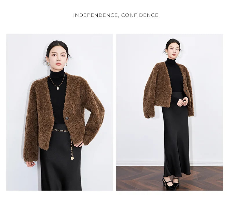 100% Wool Short Jackets for Women 2024 Autumn Winter V Neck Lamb Wool Coat Womens Clothing Fashion Outerwears Casaco Feminino