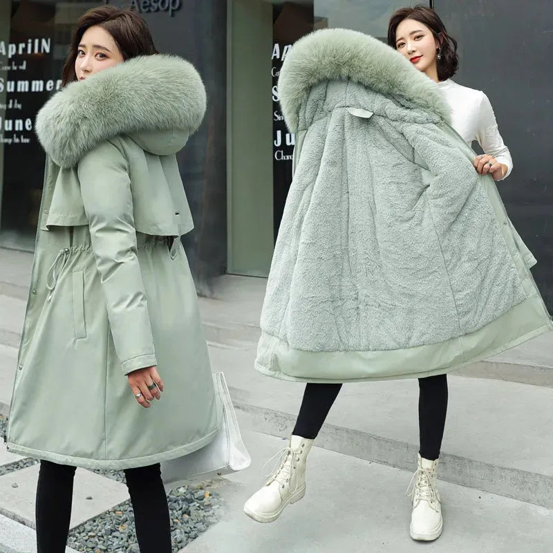 Winter Women Jacket Parkas Warm Casual Parka Clothes Long Soft Tops Hooded Parka Female Fur Lining Thick Pockets Fashion Coat