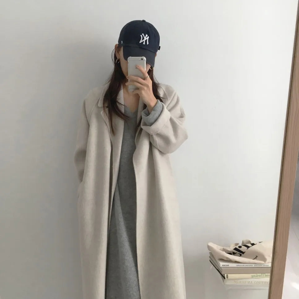 Elegant Woolen Coat Women's 2025 Autumn Winter Mid Length Adjustable Waist Thick Casual Long Sleeve Fashion Wool Coats Female