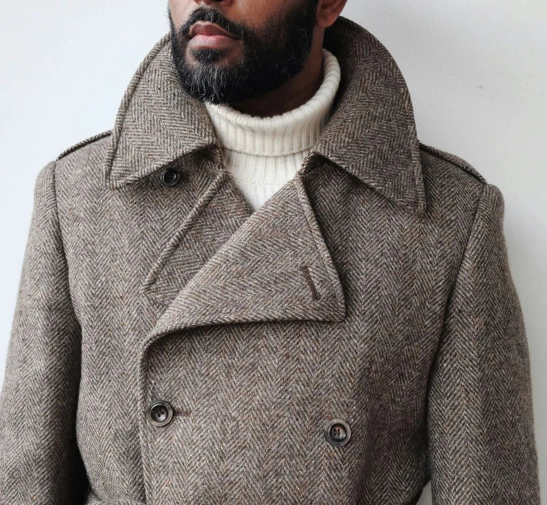 Men Long Coat Overcoat Herringbone Brown Gentlemen With Belt Double Breasted Warm Woolen Blend Business Causal Daily Tailored