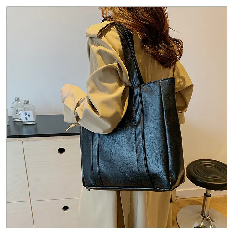 Simple Large Capacity Tote Bags for Women Retro Pu Leather Ladies Shoulder Bag Commuter Portable Girls Student Underarm Handbag