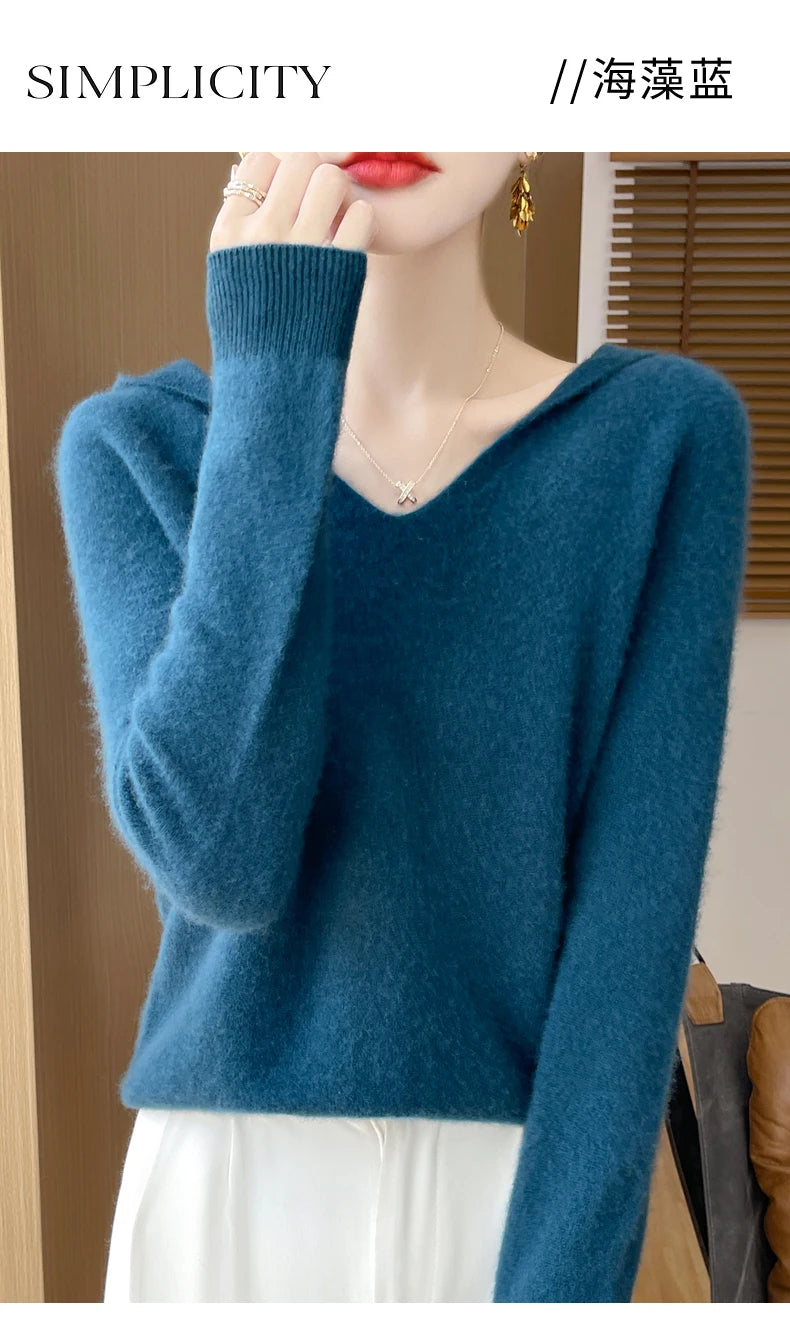 Women Autumn Winter Clothing Hooded Collar Pullover 100% Merino Wool Sweater New Fashion Cashmere Tops Bottoming Knitwear Soft