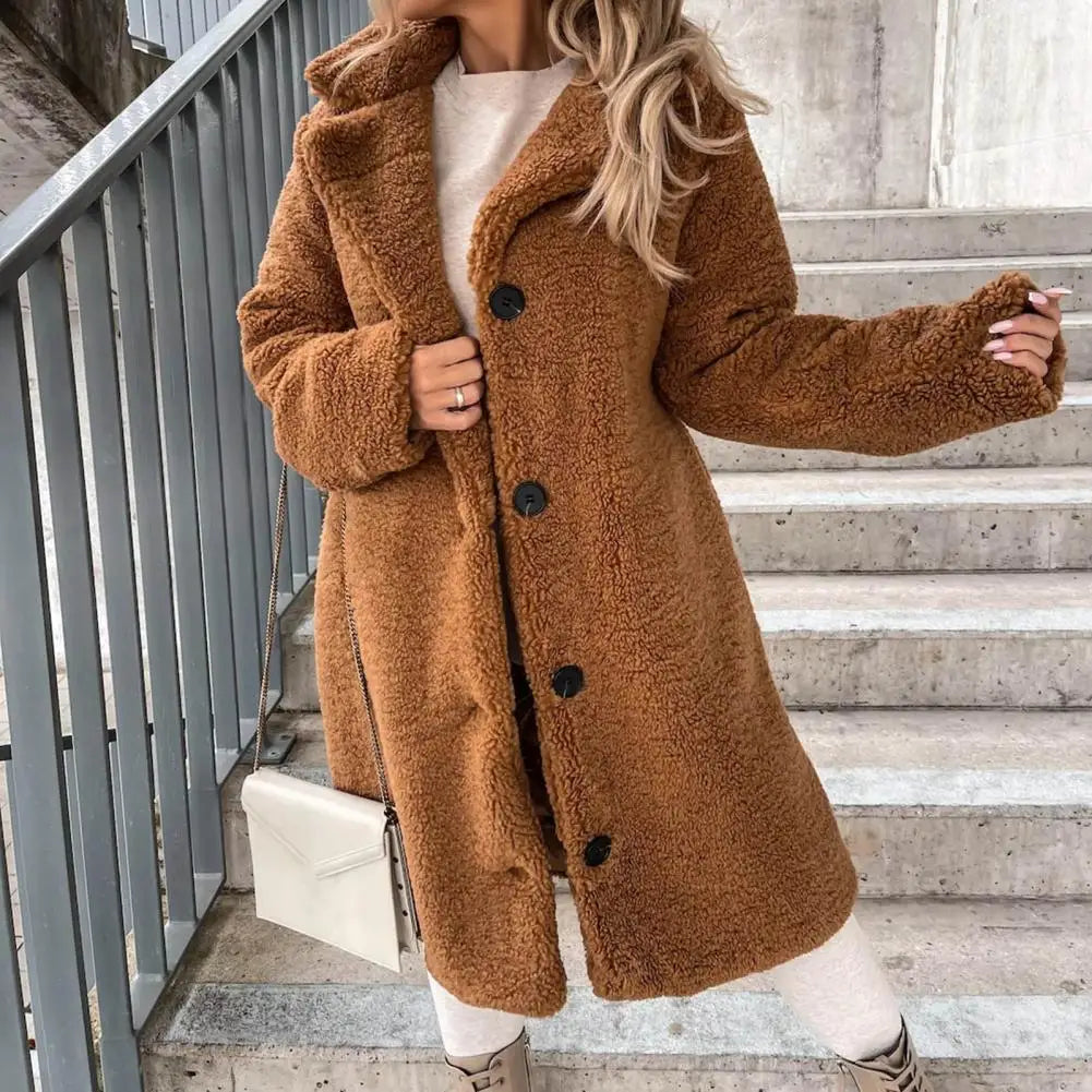 Trendy Women Overcoat Autumn Winter Women Trench Coat Long Style Pure Color Single-breasted Teddy Jacket  Windproof