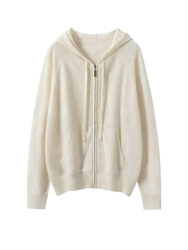 New Women 100% Cashmere Sweater Hooded Zipper Cardigan Cashmere  Autumn Winter Soft Long Sleeve Casual Simple Style Clothing Top