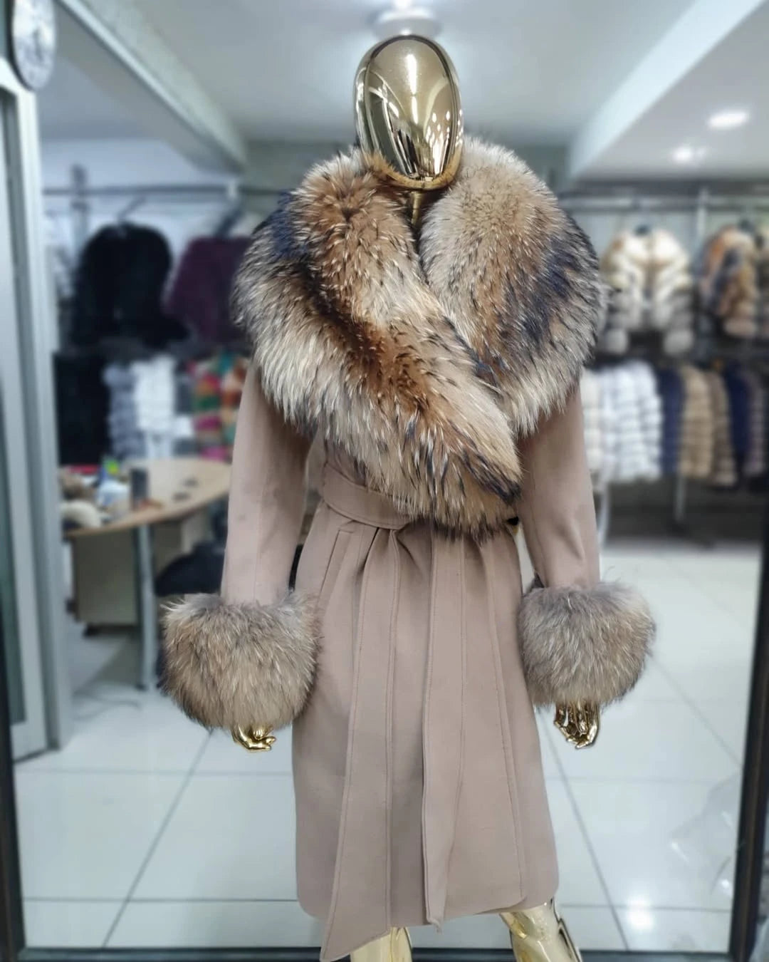 Cashmere Wool Coat For Women Raccoon Fur Coat Long Cashmere Fur Jacket With Real fur Collar Cuffs  Black Genuine Woolen Coats