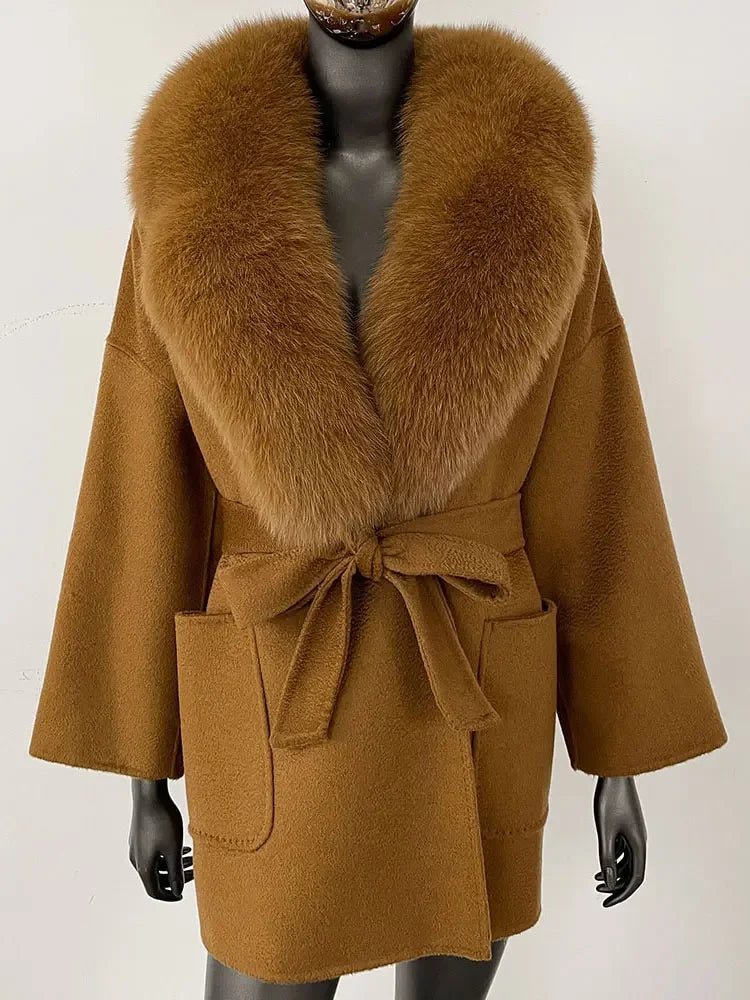 2025 Winter Fashion Women Double-sided Wool Cashmere Coat with Detachable Natural Fox Fur Collar Luxurious Genuine Fur Coat