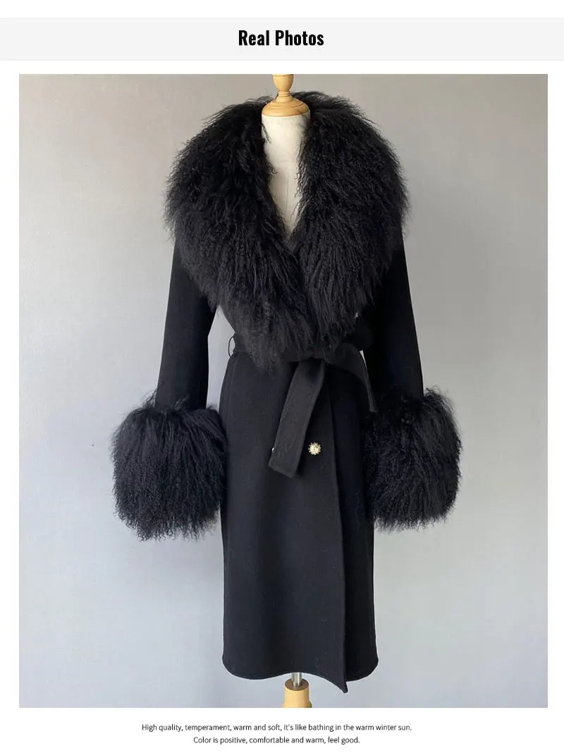 Women Cashmere Wool Coat With Real Mongolian Sheep Fur Collar  Ladies Autumn Winter Fashion Long Outwear Full Sleeve Fur Jacket
