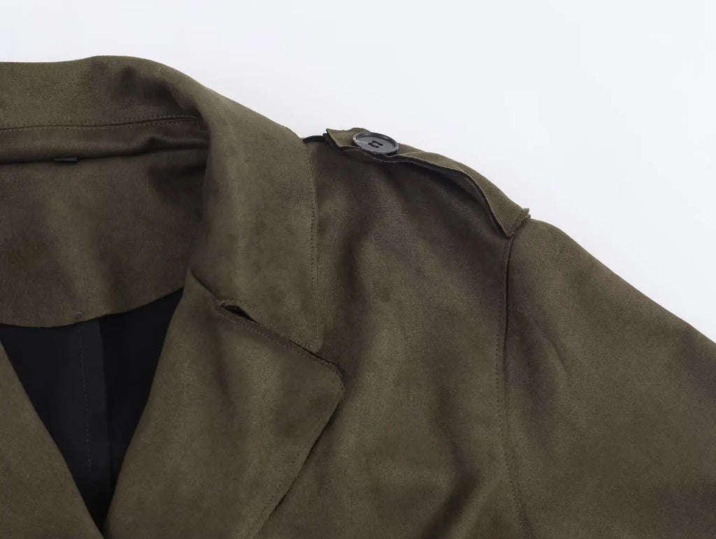 European style new women's fashionable and versatile solid color long trench coat with belt and suede effect.