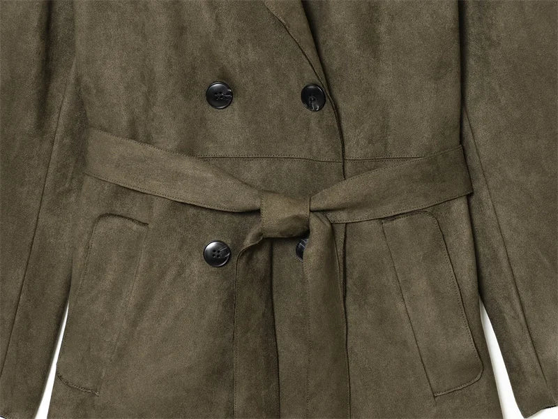 Women's Trench Coat 2025 Autumn New Style Military Green Long Sleeve Suede Effect with Belted Decoration Long Coat Stylish