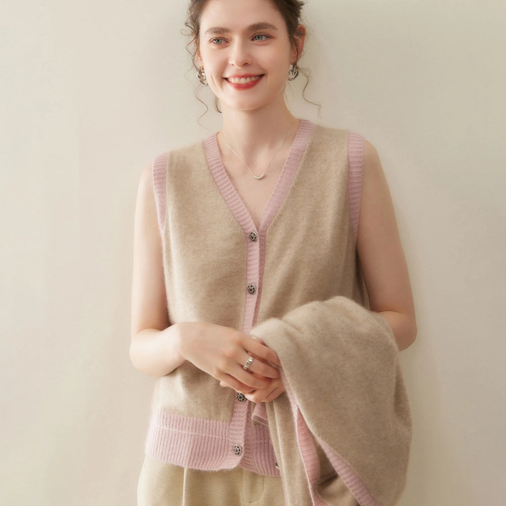 Women Cashmere Sweater V-neck  Cardigan and Vest Set Spring Autumn Winter 100% Cashmere Knitwear Long Sleeve Top Waistcoat Suit