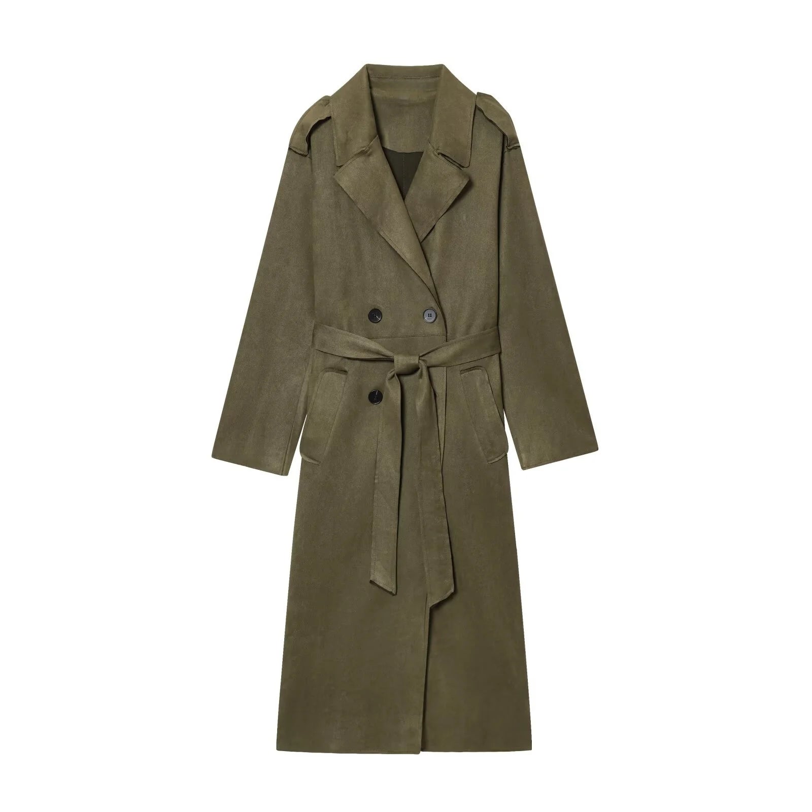 2025 Winter New Women's Casual Fashionable Simple Lapel Double-Breasted Long Trench Coat with Belt and Suede