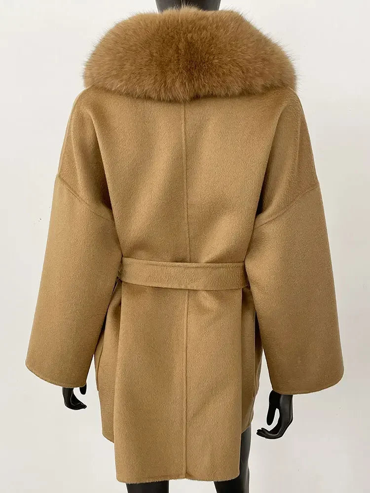 2025 Winter Fashion Women Double-sided Wool Cashmere Coat with Detachable Natural Fox Fur Collar Luxurious Genuine Fur Coat