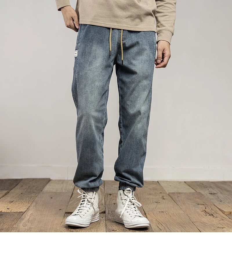 Classic Washed Blue Denim Jeans for Men American Minimalist Loose Tapered Pants Versatile for Outdoor Wear Elastic Waistband