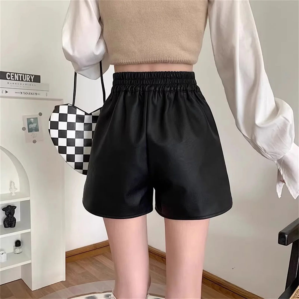 Fashion PU Shorts For Women 2025 Autumn Winter Retro New In Short Pant Solid High Waist Chic Shorts Lady Y2k Casual Street Wear