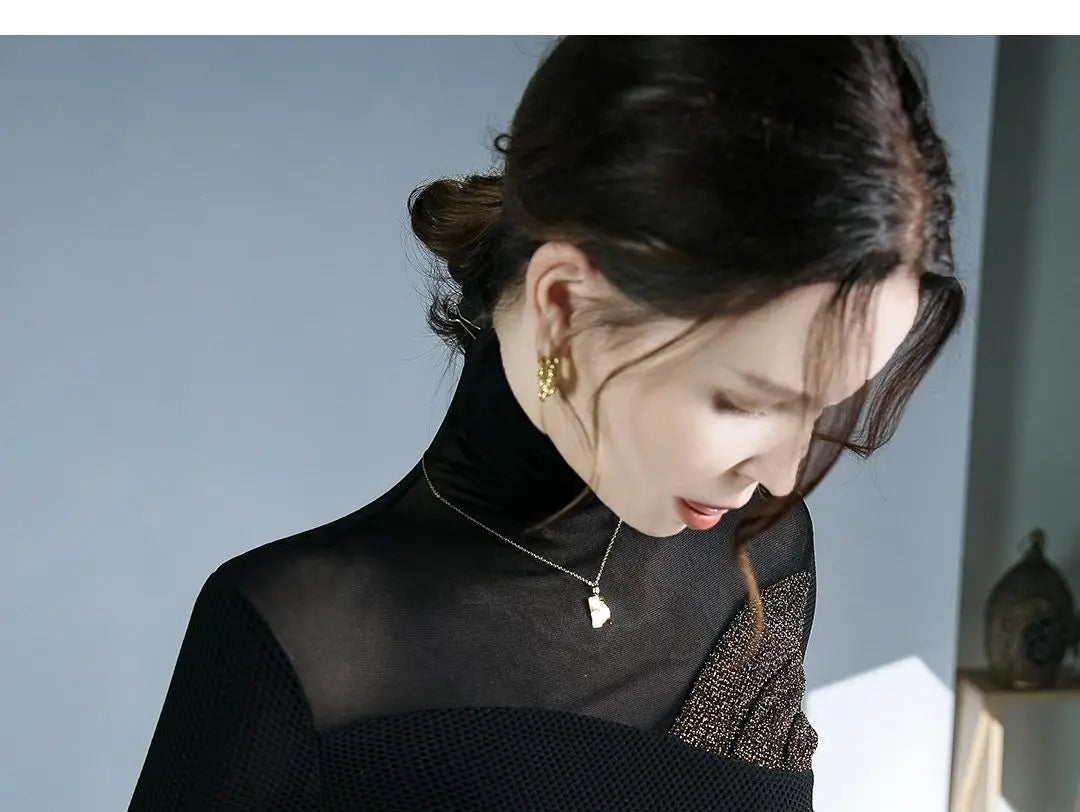 Women's Clothing Sexy See Through Mesh Patchwork Black Basic T-Shirts High Collar Elegant Chic Bright Silk Long Sleeve Slim Tops