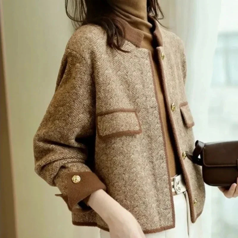 Knitting Wool Blend Coat for Women New In Round Neck Mixtures Jacket Woman Fashion 2025 High Quality Medium Elegant Hot Autumn