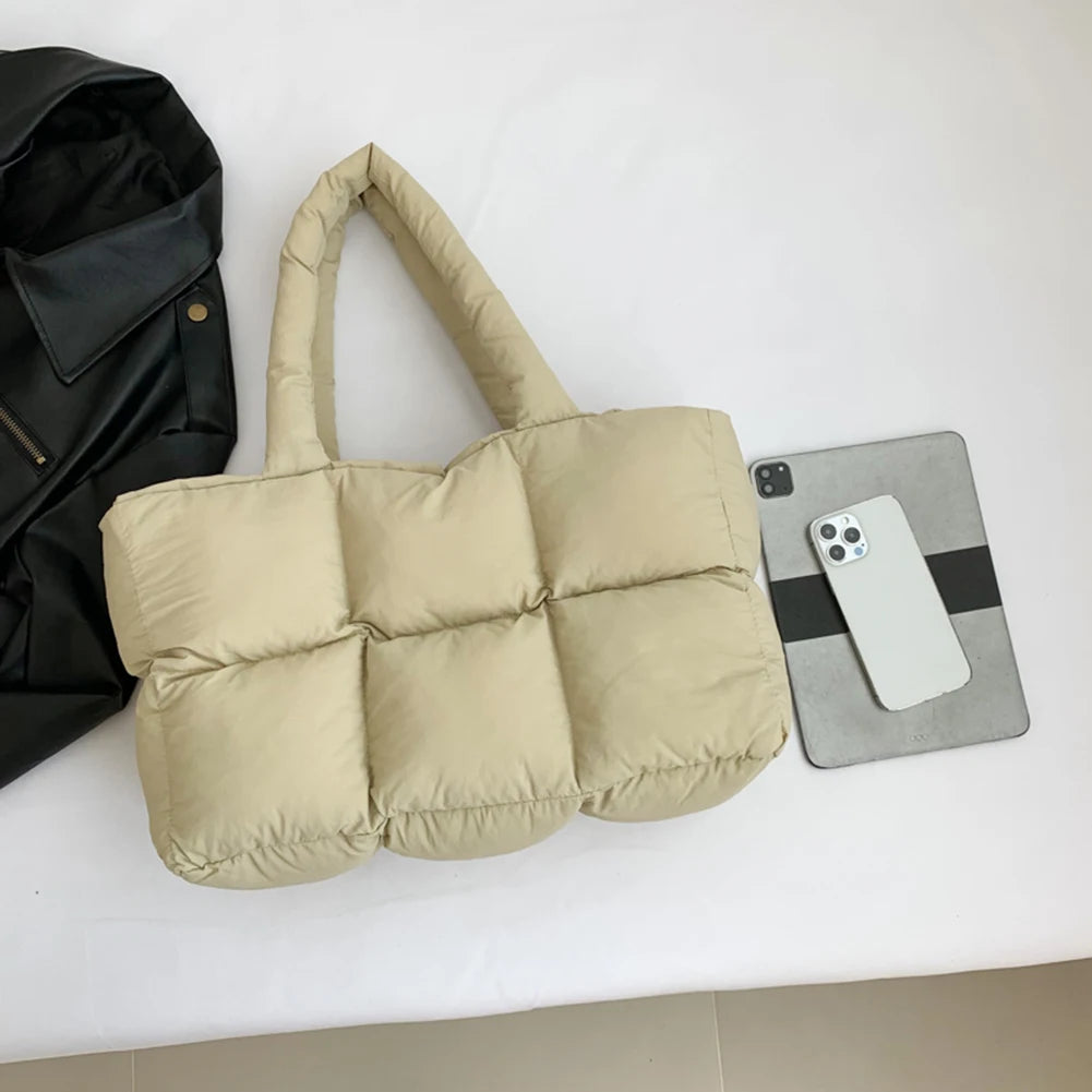 Women Padded Handbag Solid Color Quilted Single Shoulder Bag Large Capacity Soft Cloud Tote Bag Trendy Commuting Bags