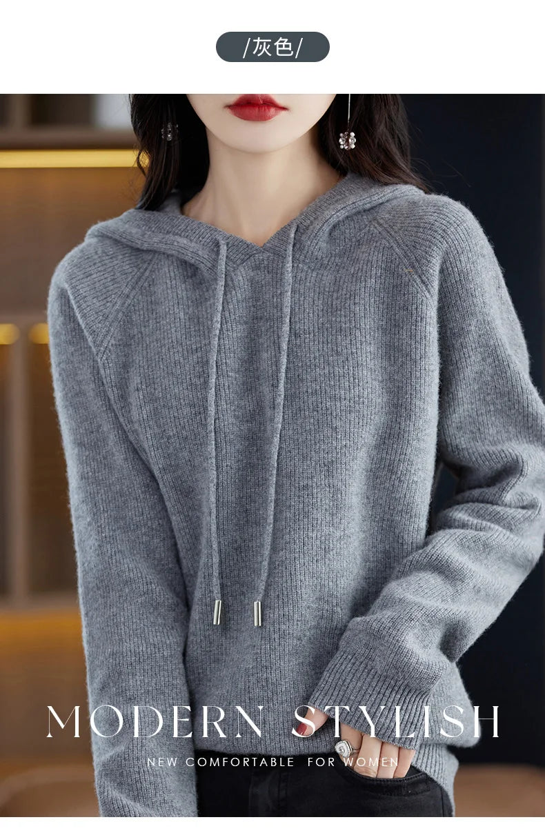 2023 New Cashmere hooded sweater Women Long Sleeve Autumn and Winter Knit hooded Pullover Solid Color Cashmere Base
