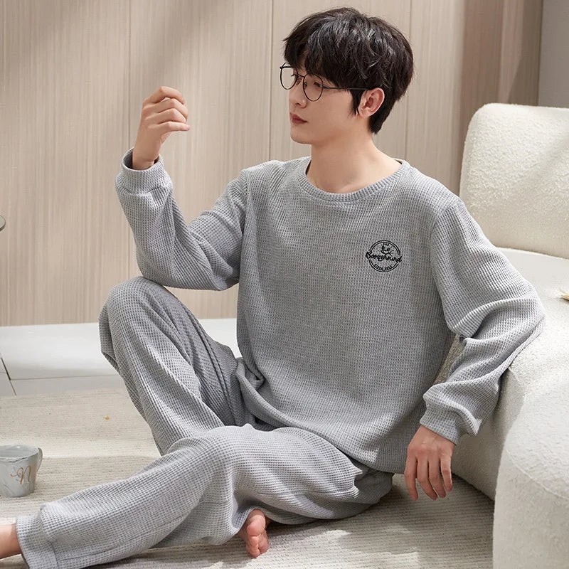 Men's Clothes Fall and Winter Pajamas Cotton Waffle Fashion Solid Color Comfortable Elastic Loungewear Homewear Youth Sleepwear