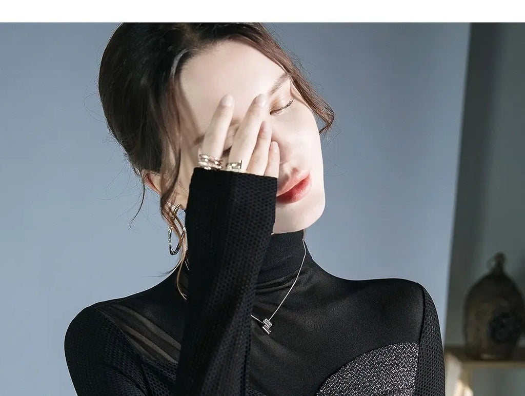 Women's Clothing Sexy See Through Mesh Patchwork Black Basic T-Shirts High Collar Elegant Chic Bright Silk Long Sleeve Slim Tops