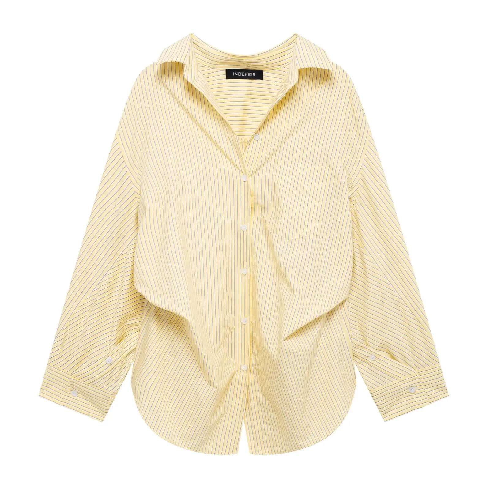 HH Women Elegant Commuter Shirt Splicing Loose Striped Single-breasted Lapel Blouse Female Spring Casual Long-sleeved Top