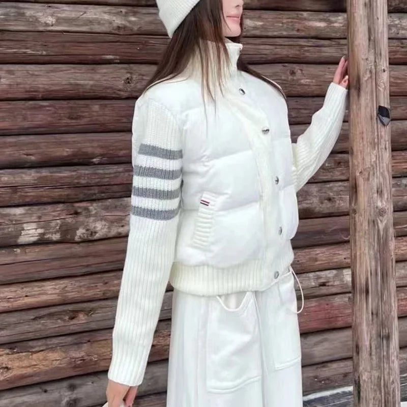 Womens Jacket Stand Collar Quilted Patchwork Knit Sleeves Casual Versatile Jacket Essential Autumn And Winter Item Trafizaran