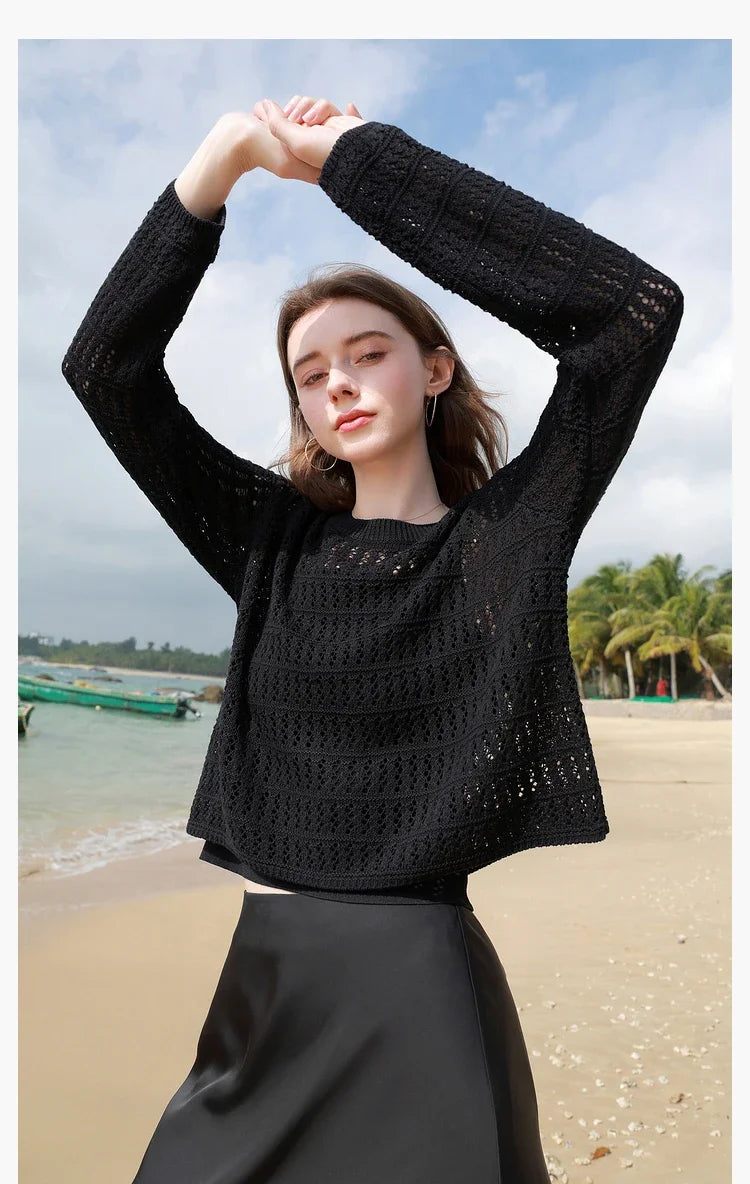 ITOOLIN Summer Women Long Sleeve Loose Casual Top Hollow Out Sexy Knit Shirt Beach Solid Y2k Pullovers Streetwear T-shirt 2024