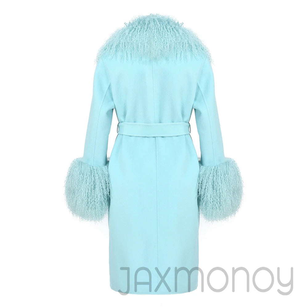 Women Cashmere Wool Coat With Real Mongolian Sheep Fur Collar  Ladies Autumn Winter Fashion Long Outwear Full Sleeve Fur Jacket