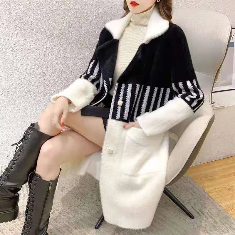 Woolen Coat Women New Autumn Winter Korean Trend Ladies Imitation Mink Velvet Jacket Simple Mid-Length Female Thickened Top Coat