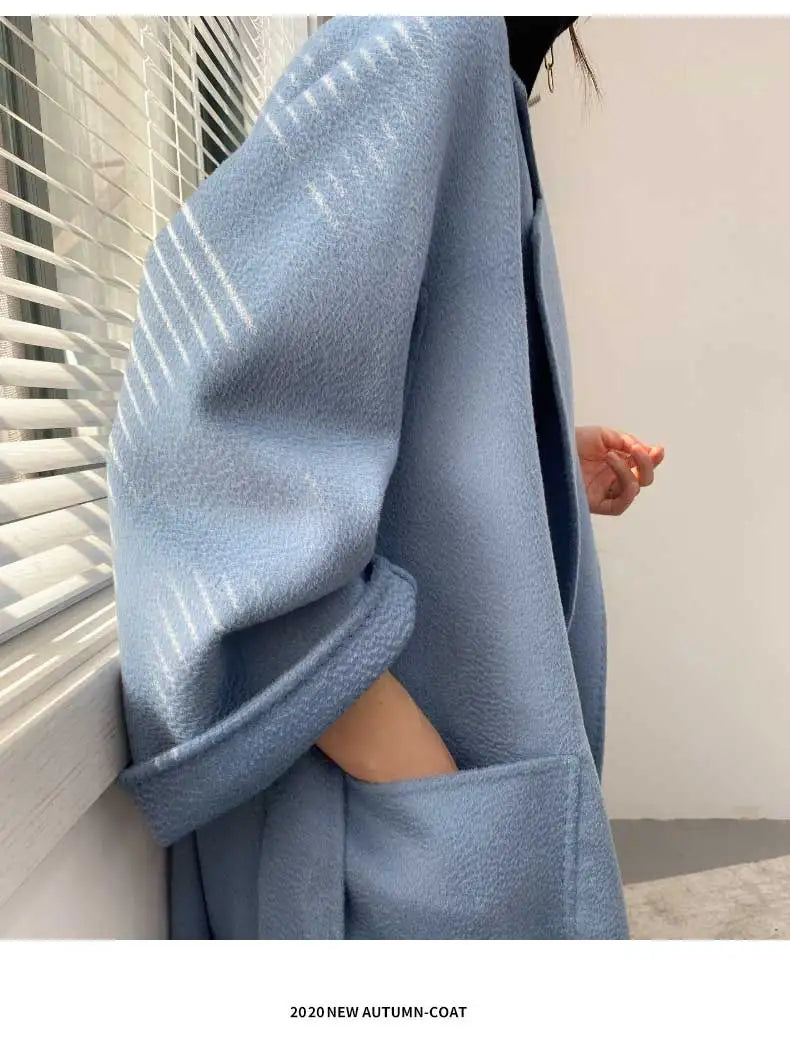 Women Double-Sided 20% Cashmere Wool Coat Jacket Women Long Beautiful Woolen Winter Autumn Warm Fashion Water Ripple Cloak