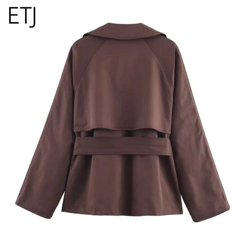 ETJ Autumn 2025 new collection  women's British style lapel double-breasted Maillard color belt casual trench coat