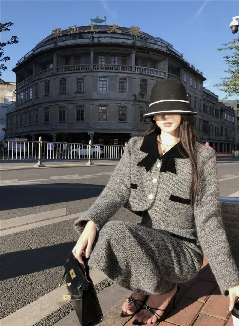 Winter Outfit Women 2024 New Elegant Lady Thickened 2 Pieces Sets Women Sweet Fashion Short Coat High Waist Long Skirt Suits