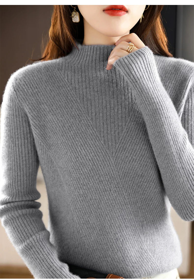 Cashmere Sweater Women Pure Color Half high collar Casual Long-sleeved Loose Pullover Cashmere Sweater Women's
