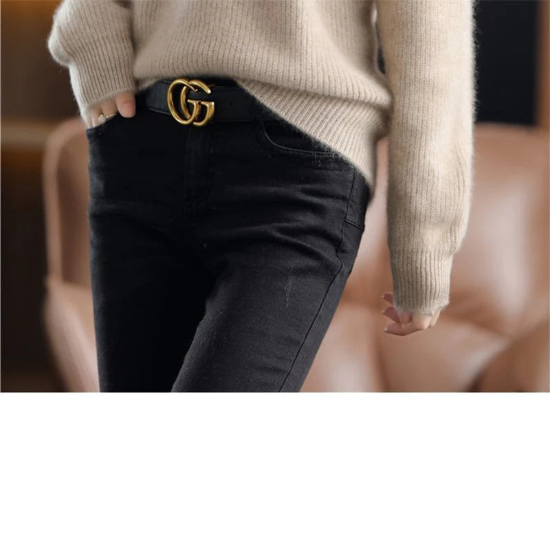 Cashmere Sweater Women's 100% Wool Sweater Fashion V-neck Knitted Pullover 2024 Winter and Autumn New Loose Solid Soft Sweater