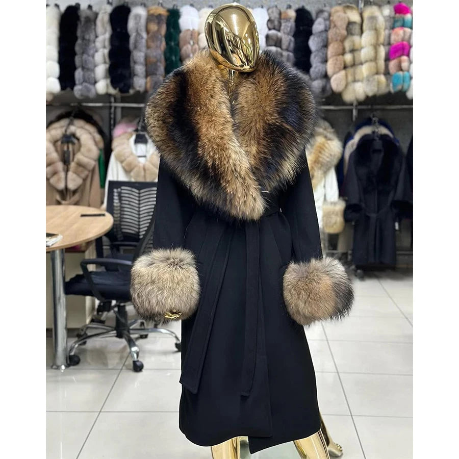 Cashmere Wool Coat For Women Raccoon Fur Coat Long Cashmere Fur Jacket With Real fur Collar Cuffs  Black Genuine Woolen Coats