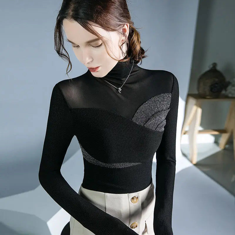 Women's Clothing Sexy See Through Mesh Patchwork Black Basic T-Shirts High Collar Elegant Chic Bright Silk Long Sleeve Slim Tops