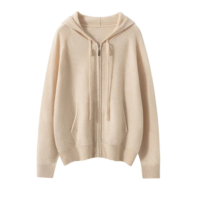 New Women 100% Cashmere Sweater Hooded Zipper Cardigan Cashmere  Autumn Winter Soft Long Sleeve Casual Simple Style Clothing Top