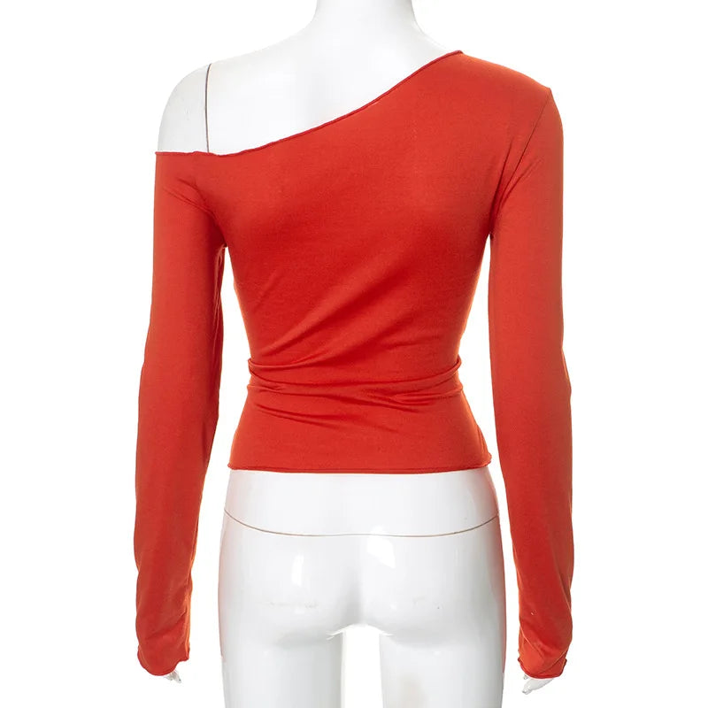 One Shoulder T Shirts For Women Aesthetic Clothes Sashes Crop Top Y2k Accessories Long Sleeve Lady Tshirt Ropa Mujer Camisetas