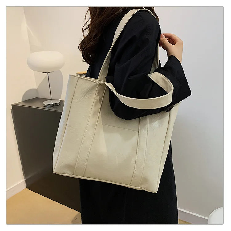 Simple Large Capacity Tote Bags for Women Retro Pu Leather Ladies Shoulder Bag Commuter Portable Girls Student Underarm Handbag
