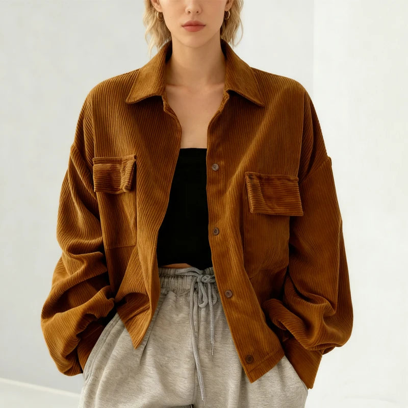 Autumn Casual Button Outwear Top with Pockets Retro Versatile Turndown Collar Long Sleeved Jacket for Women Street Loose Coat
