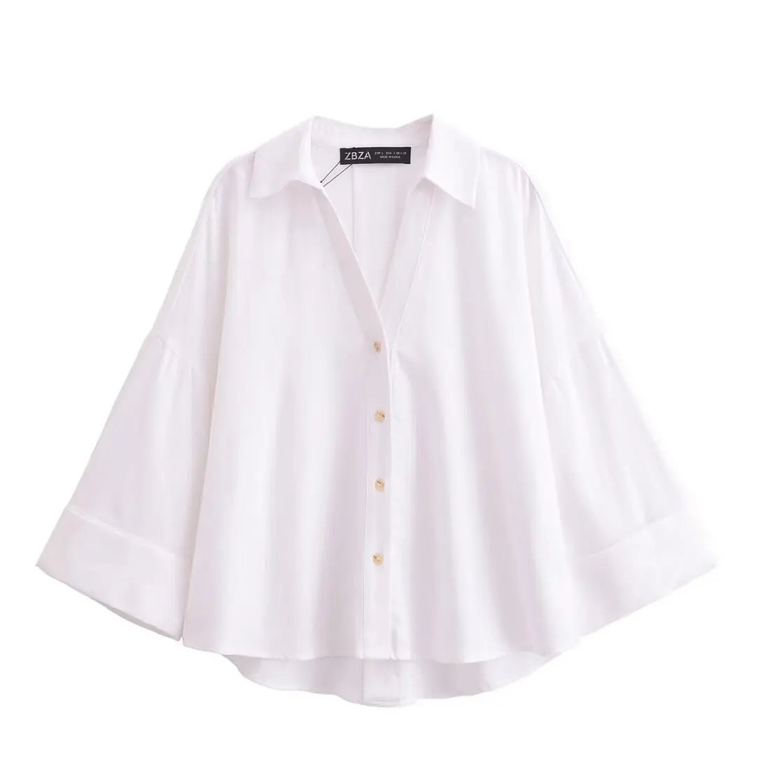 Women Fall Casual Loose Shirt Lapel Buttons Wide Sleeve Shirt 2025 New Spring Autumn Minimalist Holiday Versatile Shirt